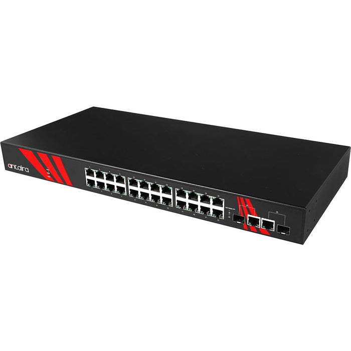 LNP-2602G-SFP 26-Port Industrial 1U 19" Rackmount PoE+ Gigabit Unmanaged Ethernet Switch, 24*10/100/1000TX (30W/Port) + 2*Gigabit Combo (2*10/100/1000Tx RJ45 &amp; 2*100/1000 SFP Slots Antaira Technologies LNP-2602G-SFP