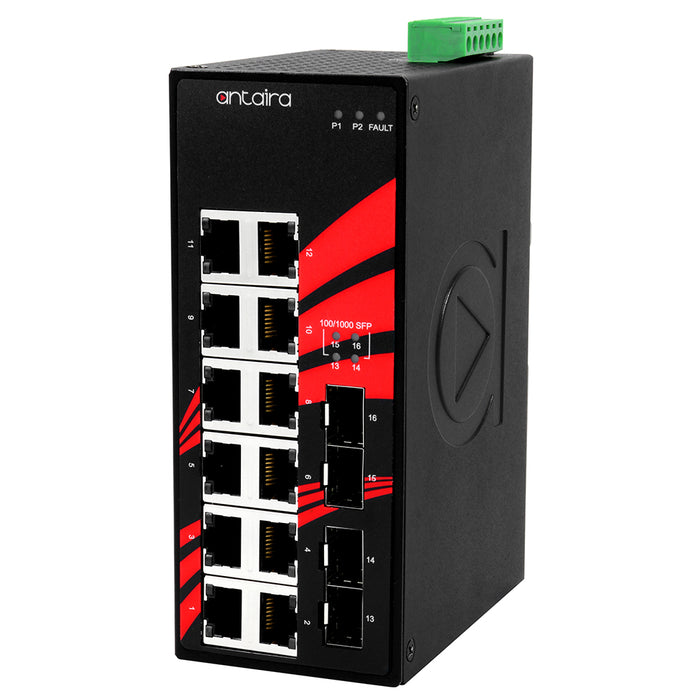 LNX-1604G-SFP 12-Port Industrial Gigabit Unmanaged Ethernet Switch, 12*10/100/1000Tx + 4*100/1000 SFP Slots
Antaira Technologies 