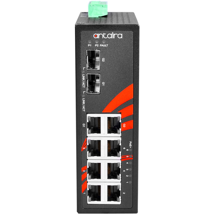 Antaira Technologies LNP-0802C-SFP 8-Port Industrial PoE+ Unmanaged Ethernet Switch, 6*10/100Tx (30W/Port) + 2*Gigabit Combo Ports (2*10/100/100 RJ45, 2*100/1000 SFP).