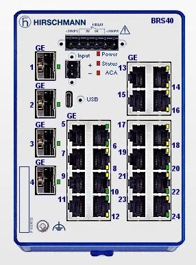 HIRSCHMANN BRS40-0024OOOO-TFDV99HHSEAXX.X.XX Compact Managed Industrial Switch, fanless design, FE switch with 24 Ports in total: 20x 10/100/1000BASE TX / RJ45, 4x 100/1000Mbit/s fiber ; 1. Uplink: 2 x SFP Slot (100/1000 Mbit/s) ; 2. Uplink: 2 x SFP Slot (100/1000 Mbit/s).
