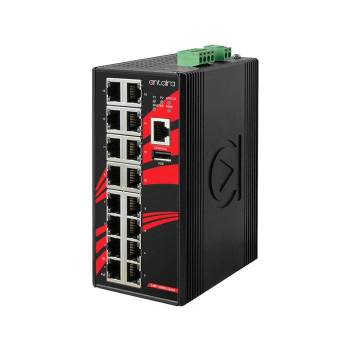 LMP-1600G 16-Port Industrial Gigabit PoE+ Light Layer 3 Managed Ethernet Switch, w/16*10/100/1000Tx (30W/port); 48~55VDC Power Input.