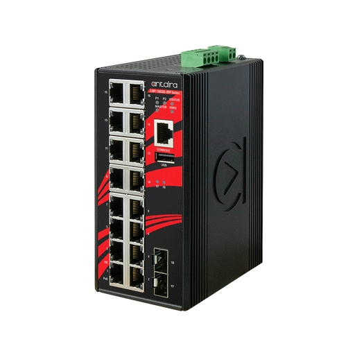 LMP-1802G-SFP 18-Port Industrial Gigabit PoE+ Light Layer 3 Managed Ethernet Switch, with 16*10/100/1000Tx Ports (30W/Port) and 2*100/1000 SFP Slots, 48~55VDC Power Input.