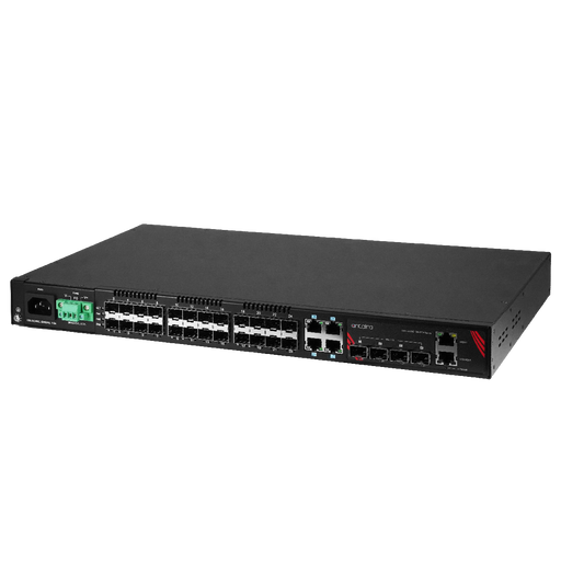 LMX-3228G-10G-SFP-AD 32-Port Industrial Gigabit Managed Ethernet Switch, with 4*10/100/1000 RJ45 Ports, 24*100/1000 SFP Slots, and 4*1G/10G SFP+ Slots with AC and DC (-48V) Power Supply.