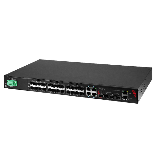 LMX-3228G-10G-SFP-AA 32-Port Industrial Gigabit Managed Ethernet Switch, with 4*10/100/1000 RJ45 Ports, 24*100/1000 SFP Slots, and 4*1G/10G SFP+ Slots with Single DC Power Supply (-48V).