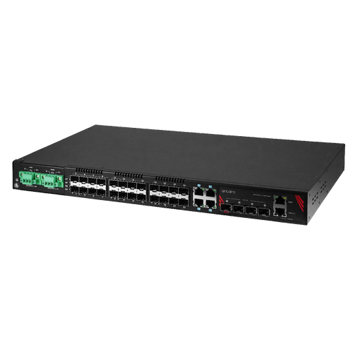 LMX-3228G-10G-SFP-AA 32-Port Industrial Gigabit Managed Ethernet Switch, with 4*10/100/1000 RJ45 Ports, 24*100/1000 SFP Slots, and 4*1G/10G SFP+ Slots with Dual DC Power Supply (-48V).