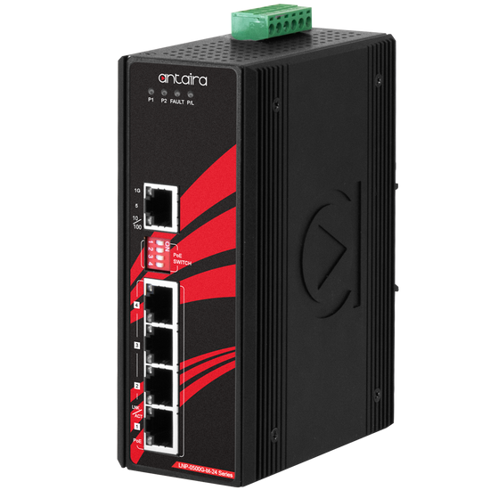 LNP-0500G-BT-24 5-Port Industrial Gigabit IEEE 802.3bt PoE++ Unmanaged Ethernet Switch, w/4*10/100/1000Tx (90W/Port) and 1*10/100/1000Tx; 12~55VDC Power Input.