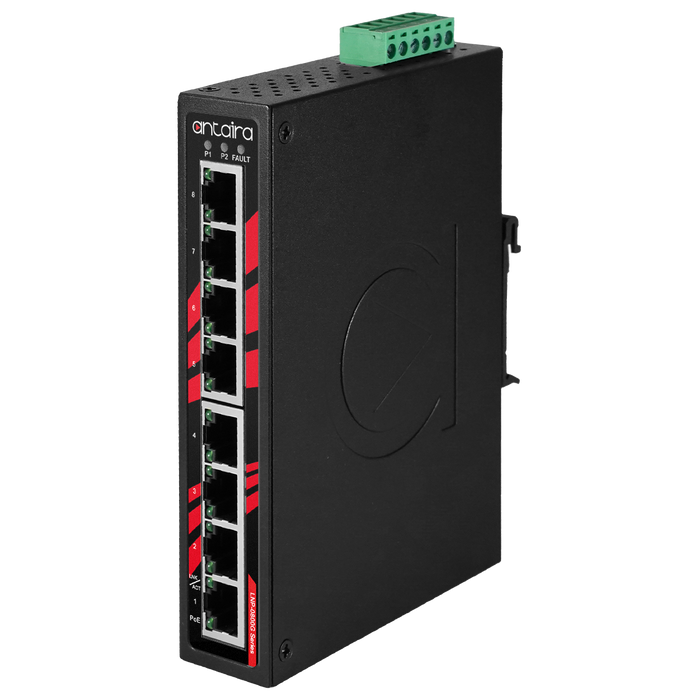 LNP-0800G 8-Port Industrial PoE+ Gigabit Unmanaged Ethernet Switch, with 8*10/100/1000Tx (30W/Port), 48~55VDC Power Input.