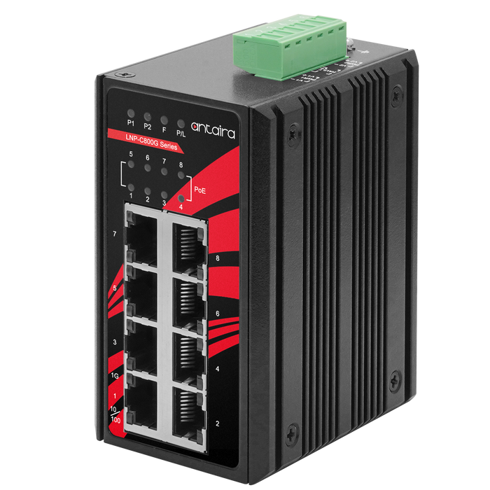 LNP-C800G 8-Port Industrial PoE+ Compact Unmanaged Ethernet Switch, 8*10/100/1000Tx (30W/Port), 48~55VDC 
Antaira Technologies