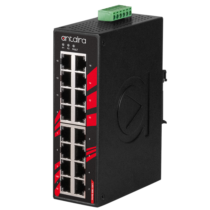 Antaira Technologies LNX-1600 is an industrial unmanaged Ethernet switch designed with 16*10/100 fast Ethernet ports. It is IP30 rated and DIN-Rail mountable