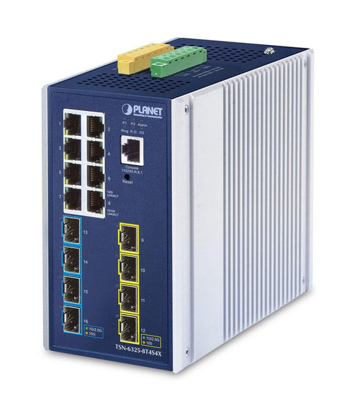 PLANET TSN-6325-8T4S4X is a brand-new Industrial-grade Layer 3 Time-Sensitive Networking (TSN) Managed Ethernet Switch which features 8 10/100/1000BASE-T RJ45 ports, 4 100/1G/2.5GBASE-X SFP ports and 4 10GBASE-SR/LR SFP+ ports and Layer 3 IP routing in a rugged IP30 metal case